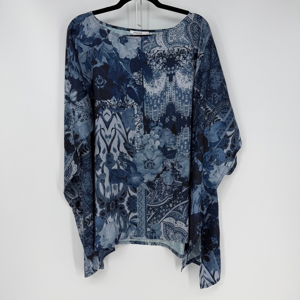 Chicos Poncho Top  L/XL Blue Floral Paisley Boho Coastal Grandma Resortwear,